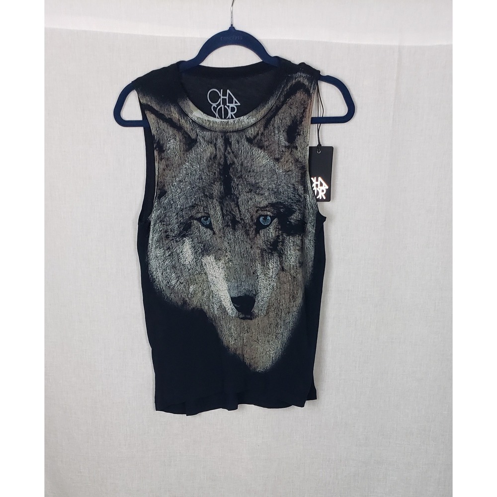 Chaser Womens Wolf Graphic Muscle Tank Top Black S Indie Grunge Boho Rocker Edgy